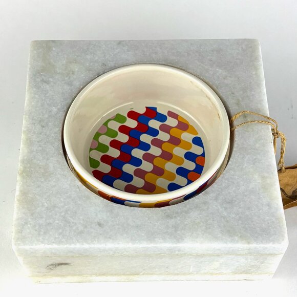 NWT Handcrafted Marble Dog Bowl Stand with Colorful Ceramic Dish 6.5 lbs